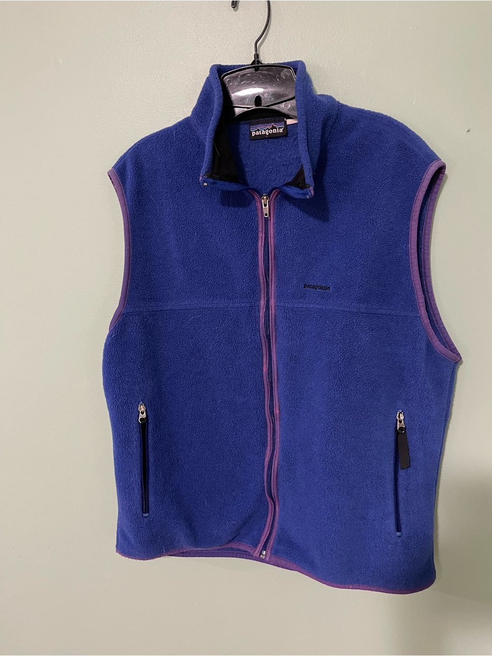 Patagonia Men’s sz large  Blue Fleece Vest with Purple Trim